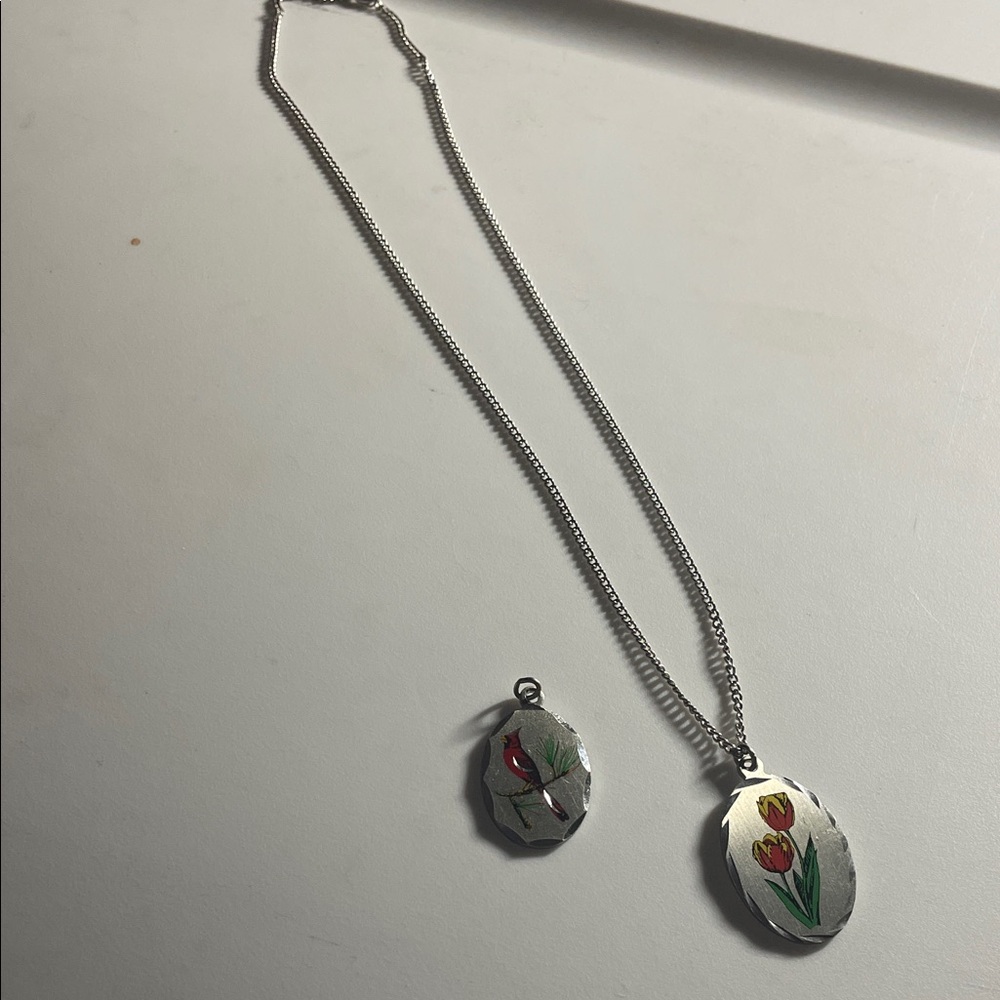 Sterling Silver Floral Oval Pendant Necklace - Red & Yellow Tulip